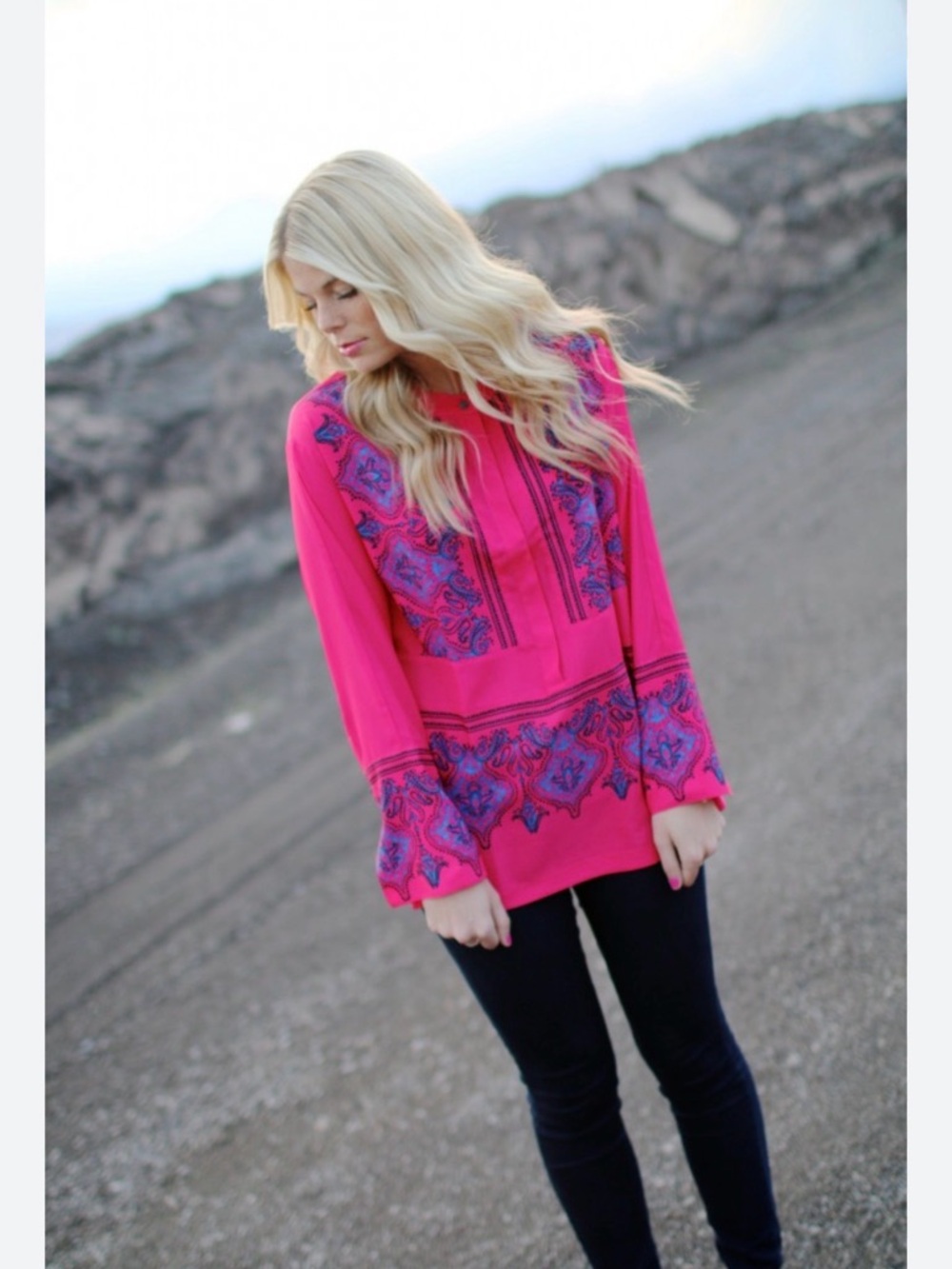 J. Crew Hot Pink Tunic with Blue Paisley Print